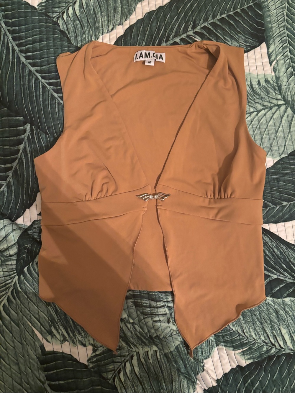 I.AM.GIA Tan V-Neck Sleeveless Crop Top with Front Clasp